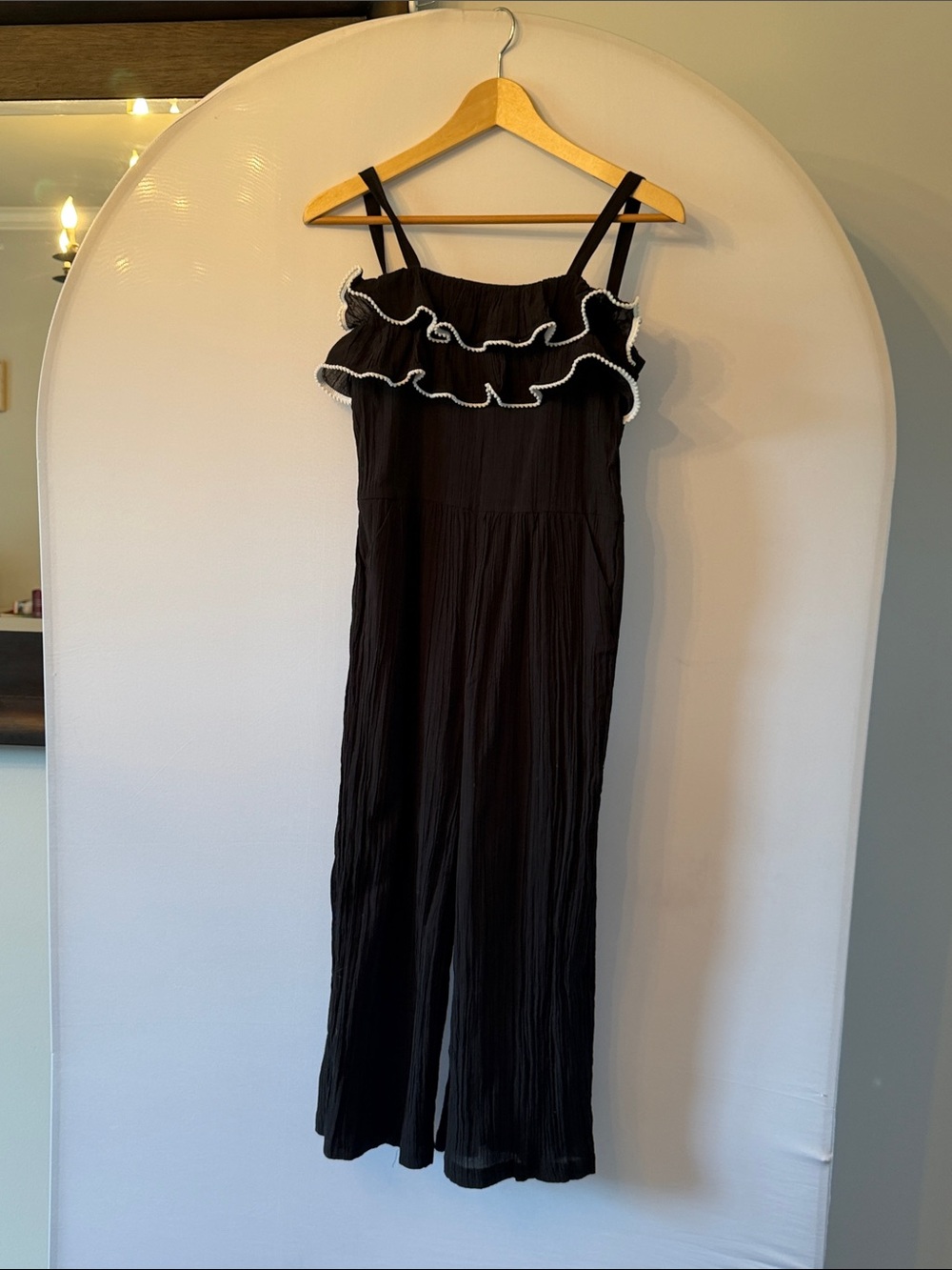 Janie and Jack Black Ruffle-Trim Wide-Leg Jumpsuit with White Piping kids SZ 12.